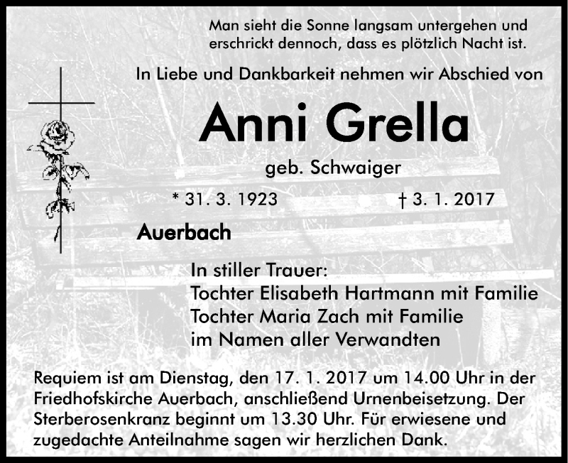  Traueranzeige für Anni Grella vom 06.01.2017 aus Nordbayerische Nachrichten Pegnitz Lokal