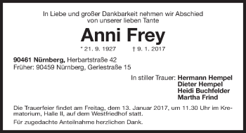 Traueranzeige von Anni Frey von Gesamtausgabe Nürnberger Nachrichten/ Nürnberger Ztg.