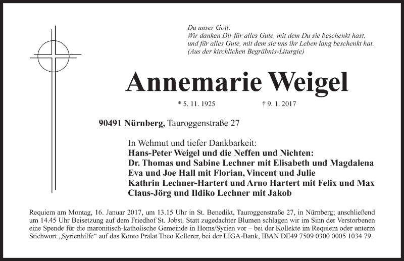  Traueranzeige für Annemarie Weigel vom 13.01.2017 aus Gesamtausgabe Nürnberger Nachrichten/ Nürnberger Ztg.