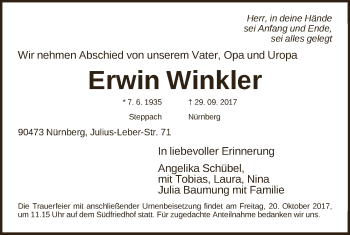 Traueranzeige von Erwin Winkler von Gesamtausgabe Nürnberger Nachrichten/ Nürnberger Ztg.