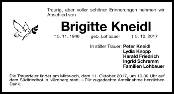 Traueranzeige von Brigitte Kneidl von Gesamtausgabe Nürnberger Nachrichten/ Nürnberger Ztg.