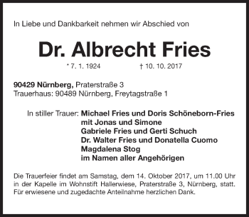 Traueranzeige von Albrecht Fries von Gesamtausgabe Nürnberger Nachrichten/ Nürnberger Ztg.