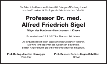 Traueranzeige von Alfred Friedrich Sigel von Gesamtausgabe Nürnberger Nachrichten/ Nürnberger Ztg.