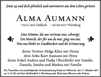 Traueranzeige von Alma Aumann von Gesamtausgabe Nürnberger Nachrichten/ Nürnberger Ztg.