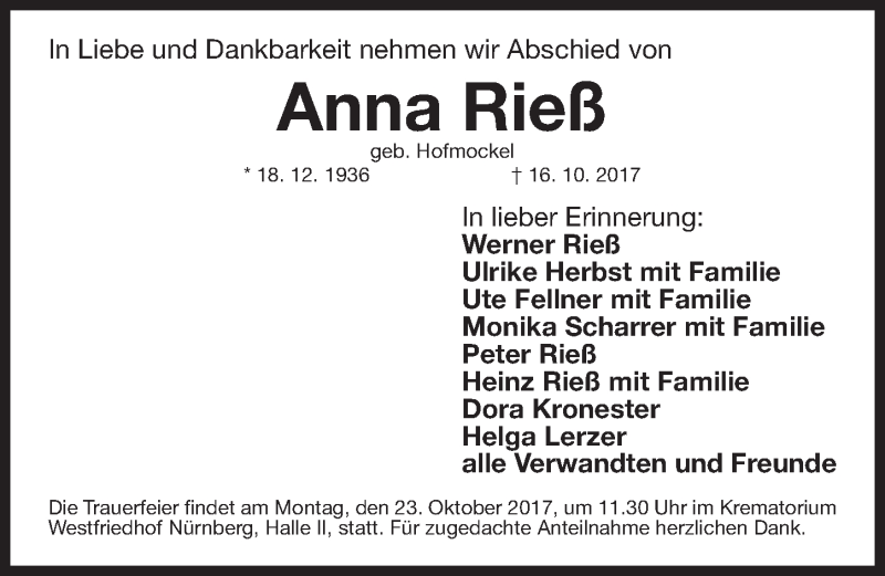  Traueranzeige für Anna Rieß vom 21.10.2017 aus Gesamtausgabe Nürnberger Nachrichten/ Nürnberger Ztg.