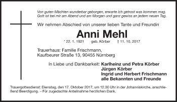 Traueranzeige von Anni Mehl von Gesamtausgabe Nürnberger Nachrichten/ Nürnberger Ztg.