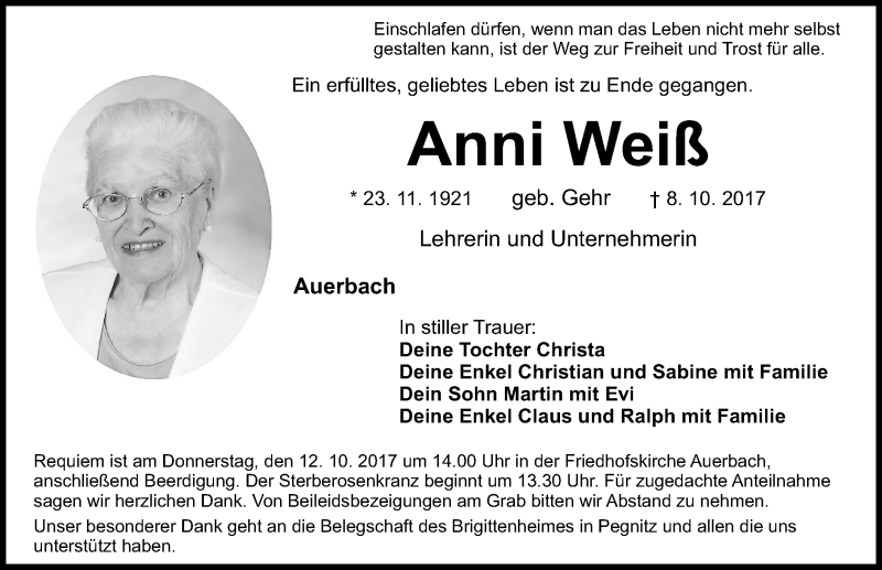  Traueranzeige für Anni Weiß vom 11.10.2017 aus Nordbayerische Nachrichten Pegnitz Lokal