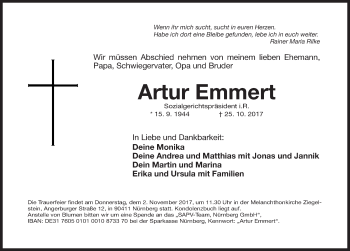 Traueranzeige von Artur Emmert von Gesamtausgabe Nürnberger Nachrichten/ Nürnberger Ztg.