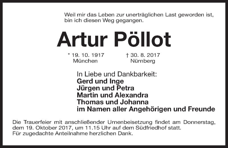  Traueranzeige für Artur Pöllot vom 14.10.2017 aus Gesamtausgabe Nürnberger Nachrichten/ Nürnberger Ztg.