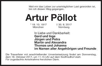 Traueranzeige von Artur Pöllot von Gesamtausgabe Nürnberger Nachrichten/ Nürnberger Ztg.