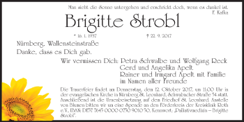 Traueranzeige von Brigitte Strobl von Gesamtausgabe Nürnberger Nachrichten/ Nürnberger Ztg.