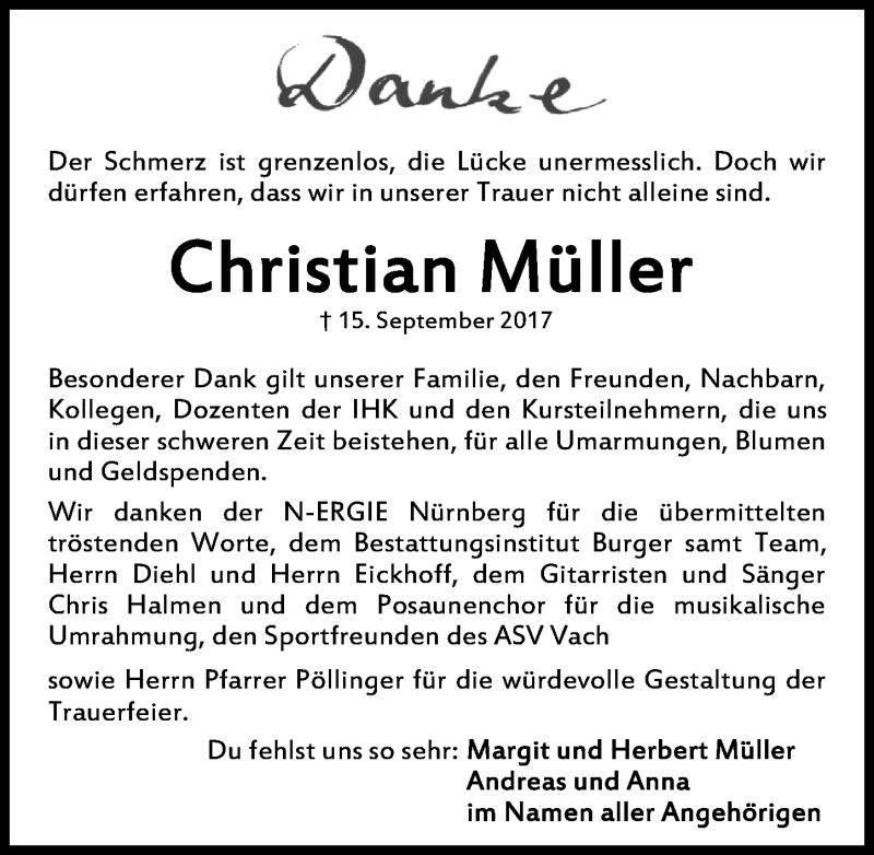  Traueranzeige für Christian Müller vom 07.10.2017 aus Fürther Nachrichten Lokal