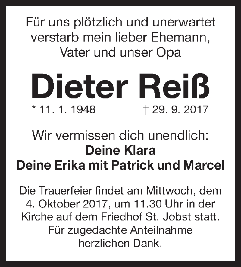 Traueranzeige für Dieter Reiß vom 03.10.2017 aus Gesamtausgabe Nürnberger Nachrichten/ Nürnberger Ztg.