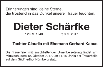 Traueranzeige von Dieter Schärfke von Gesamtausgabe Nürnberger Nachrichten/ Nürnberger Ztg.