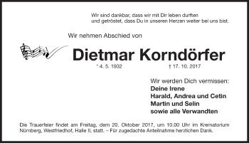 Traueranzeige von Dietmar Korndörfer von Gesamtausgabe Nürnberger Nachrichten/ Nürnberger Ztg.