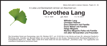 Traueranzeige von Dorothea Lang von Gesamtausgabe Nürnberger Nachrichten/ Nürnberger Ztg.