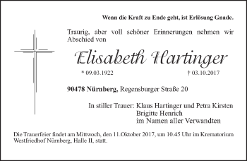 Traueranzeige von Elisabeth Hartinger von Gesamtausgabe Nürnberger Nachrichten/ Nürnberger Ztg.