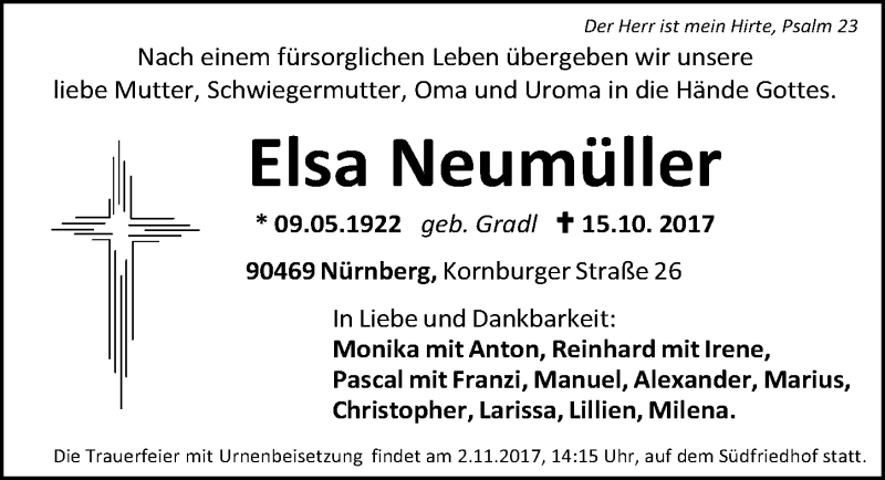  Traueranzeige für Elsa Neumüller vom 28.10.2017 aus Gesamtausgabe Nürnberger Nachrichten/ Nürnberger Ztg.