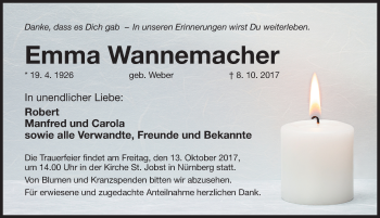 Traueranzeige von Emma Wannemacher von Gesamtausgabe Nürnberger Nachrichten/ Nürnberger Ztg.