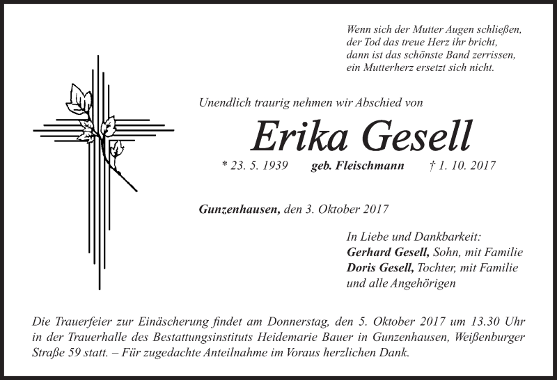  Traueranzeige für Erika Gesell vom 03.10.2017 aus Altmühl-Bote Lokal