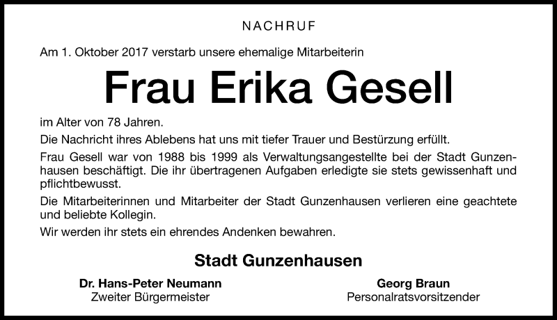  Traueranzeige für Erika Gesell vom 06.10.2017 aus Altmühl-Bote Lokal