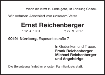 Traueranzeige von Ernst Reichenberger von Gesamtausgabe Nürnberger Nachrichten/ Nürnberger Ztg.