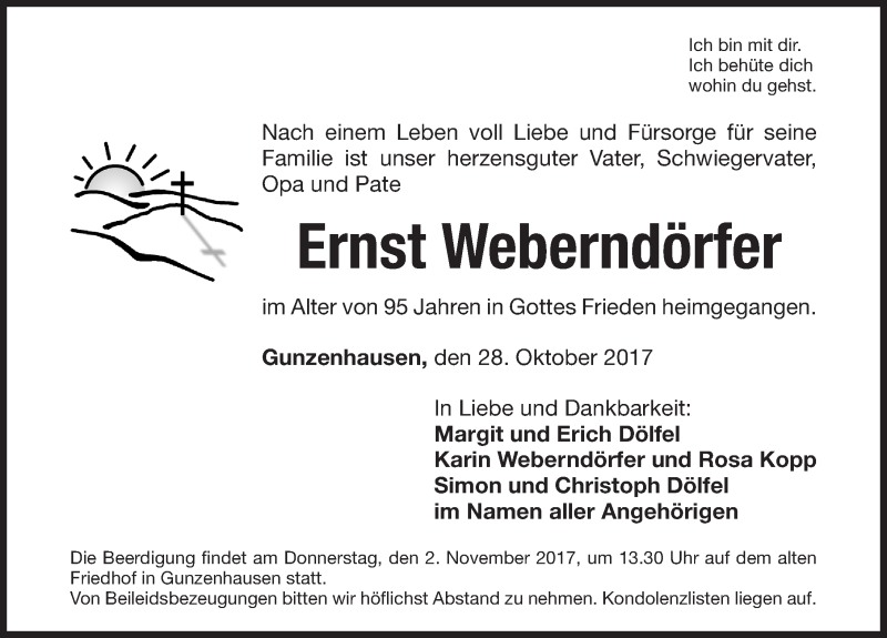 Traueranzeige für Ernst Weberndörfer vom 30.10.2017 aus Altmühl-Bote Lokal