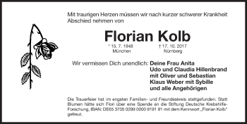 Traueranzeige von Florian Kolb von Gesamtausgabe Nürnberger Nachrichten/ Nürnberger Ztg.