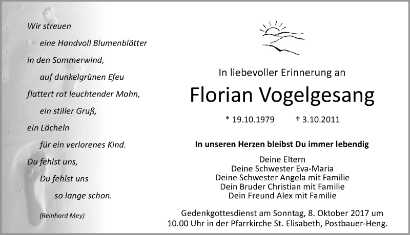  Traueranzeige für Florian Vogelgesang vom 03.10.2017 aus Neumarkter Nachrichten Lokal