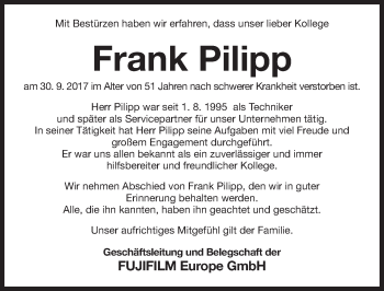 Traueranzeige von Frank Pilipp von Gesamtausgabe Nürnberger Nachrichten/ Nürnberger Ztg.