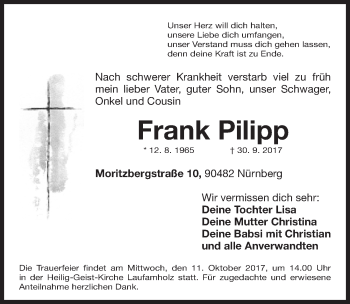 Traueranzeige von Frank Pilipp von Gesamtausgabe Nürnberger Nachrichten/ Nürnberger Ztg.