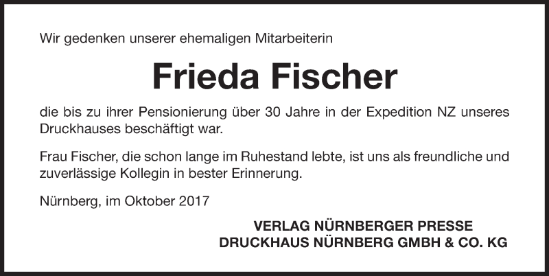  Traueranzeige für Frieda Fischer vom 31.10.2017 aus Gesamtausgabe Nürnberger Nachrichten/ Nürnberger Ztg.