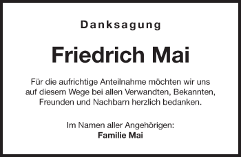 Traueranzeige von Friedrich Mai von Gesamtausgabe Nürnberger Nachrichten/ Nürnberger Ztg.