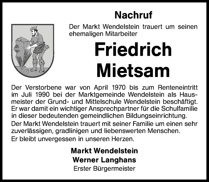  Traueranzeige für Friedrich Mietsam vom 17.10.2017 aus Schwabach