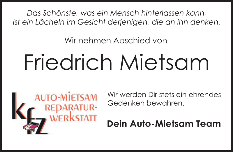  Traueranzeige für Friedrich Mietsam vom 11.10.2017 aus Schwabach