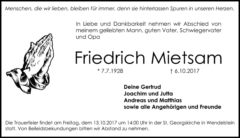  Traueranzeige für Friedrich Mietsam vom 11.10.2017 aus Schwabach