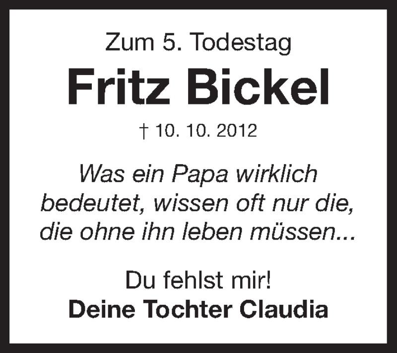  Traueranzeige für Fritz Bickel vom 10.10.2017 aus Roth-Hilpoltsteiner Volkszeitung Lokal