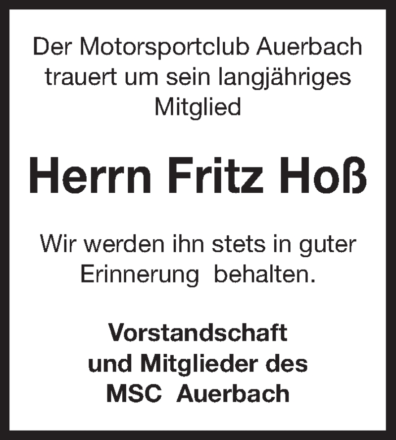 Traueranzeige für Fritz Hoß vom 06.10.2017 aus Nordbayerische Nachrichten Pegnitz Lokal