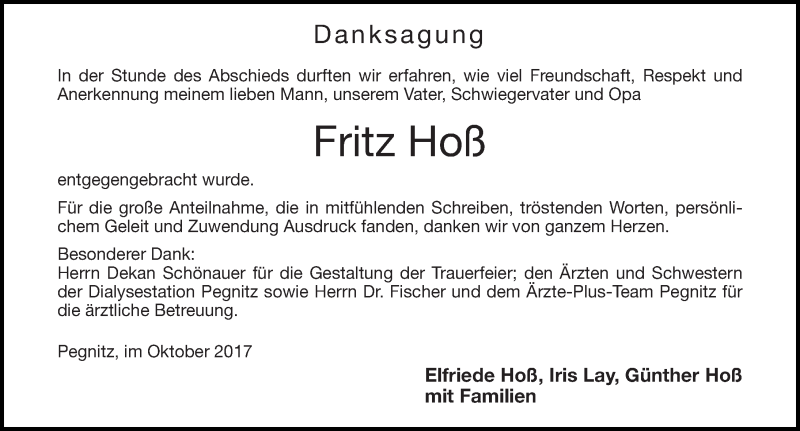  Traueranzeige für Fritz Hoß vom 21.10.2017 aus Nordbayerische Nachrichten Pegnitz Lokal