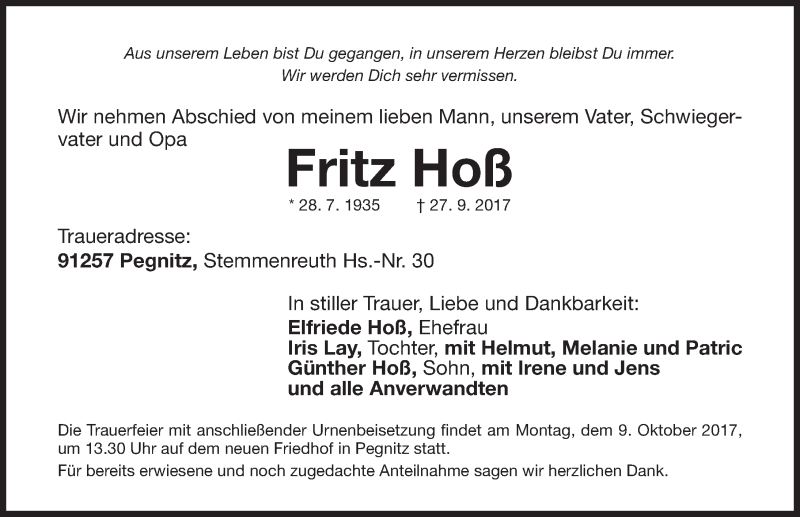  Traueranzeige für Fritz Hoß vom 03.10.2017 aus Nordbayerische Nachrichten Pegnitz Lokal
