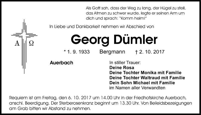  Traueranzeige für Georg Dümler vom 05.10.2017 aus Nordbayerische Nachrichten Pegnitz Lokal