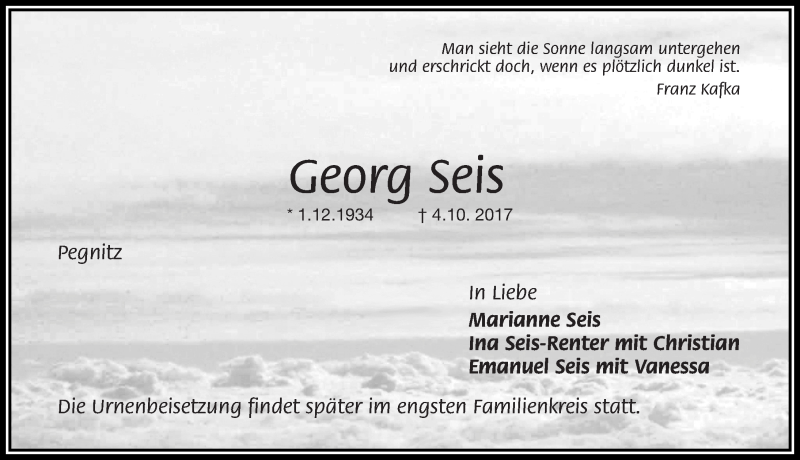  Traueranzeige für Georg Seis vom 07.10.2017 aus Nordbayerische Nachrichten Pegnitz Lokal