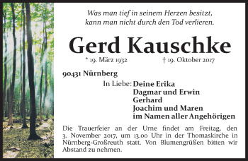 Traueranzeige von Gerd Kauschke von Gesamtausgabe Nürnberger Nachrichten/ Nürnberger Ztg.