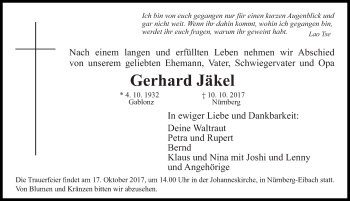 Traueranzeige von Gerhard Jäkel von Gesamtausgabe Nürnberger Nachrichten/ Nürnberger Ztg.