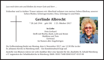 Traueranzeige von Gerlinde Albrecht von Gesamtausgabe Nürnberger Nachrichten/ Nürnberger Ztg.