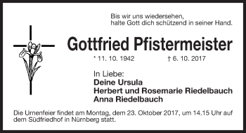 Traueranzeige von Gottfried Pfistermeister von Gesamtausgabe Nürnberger Nachrichten/ Nürnberger Ztg.
