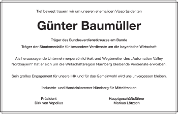 Traueranzeige von Günter Baumüller von Gesamtausgabe Nürnberger Nachrichten/ Nürnberger Ztg.
