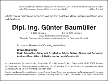 Traueranzeige von Günter Baumüller von Gesamtausgabe Nürnberger Nachrichten/ Nürnberger Ztg.
