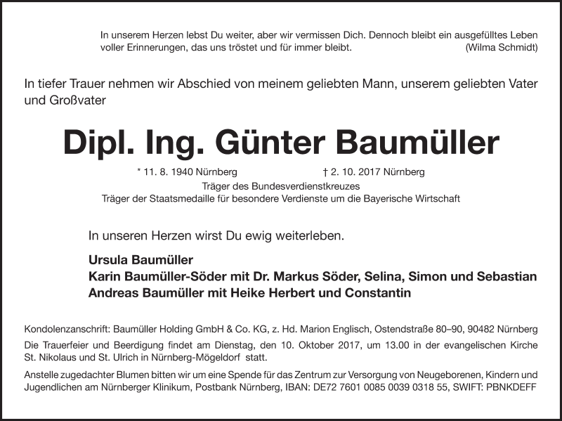  Traueranzeige für Günter Baumüller vom 05.10.2017 aus Gesamtausgabe Nürnberger Nachrichten/ Nürnberger Ztg.