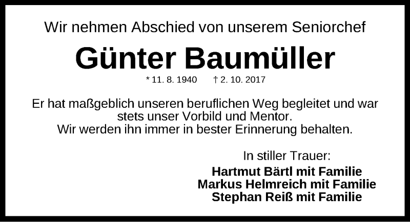  Traueranzeige für Günter Baumüller vom 06.10.2017 aus Gesamtausgabe Nürnberger Nachrichten/ Nürnberger Ztg.